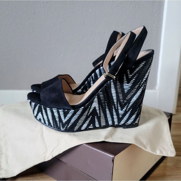 Stella Luna Atelier Paris Sheep Suede Leather Aztex Platform Wedge Sandal Black - Picture 1 of 15